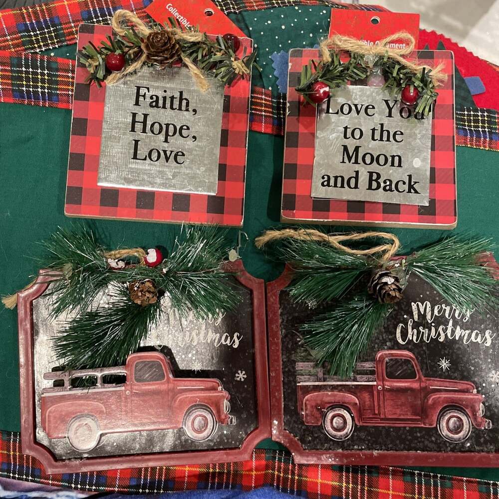Red Truck & Buffalo Plaid Christmas Ornaments Lot of 4 Farmhouse Style 4”-5”
